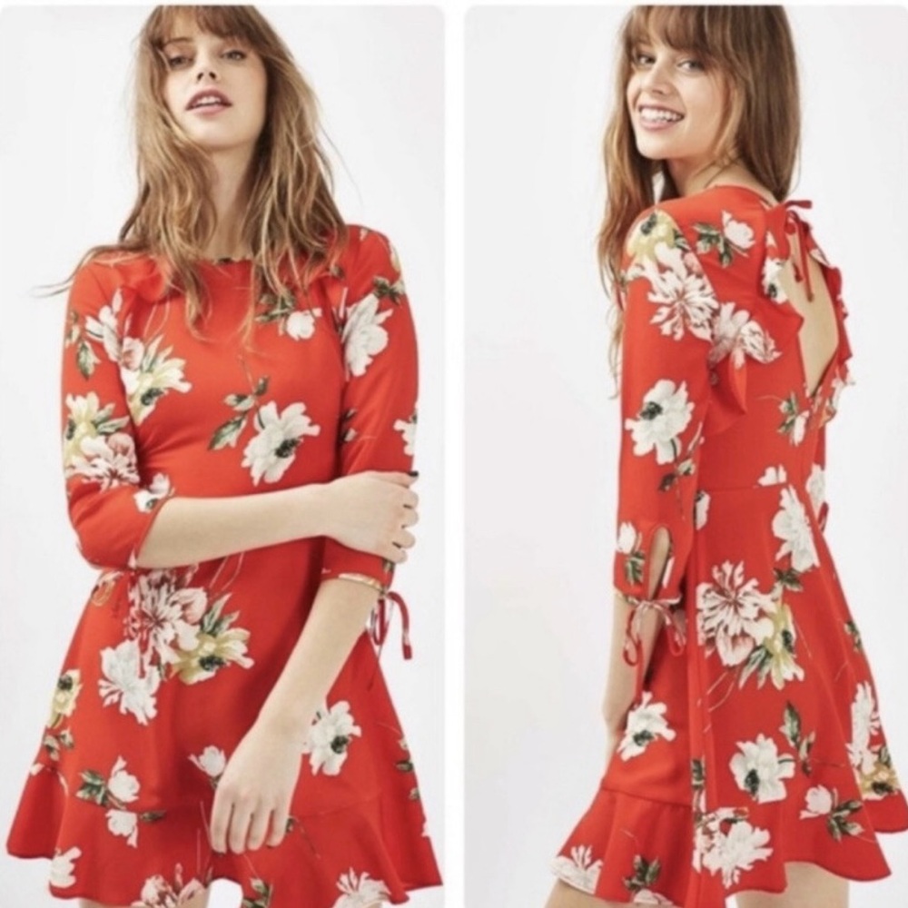 Topshop Red Floral Mini Dress US 4 Open Back Tie Sleeve Ruffle Hem Fit Flare